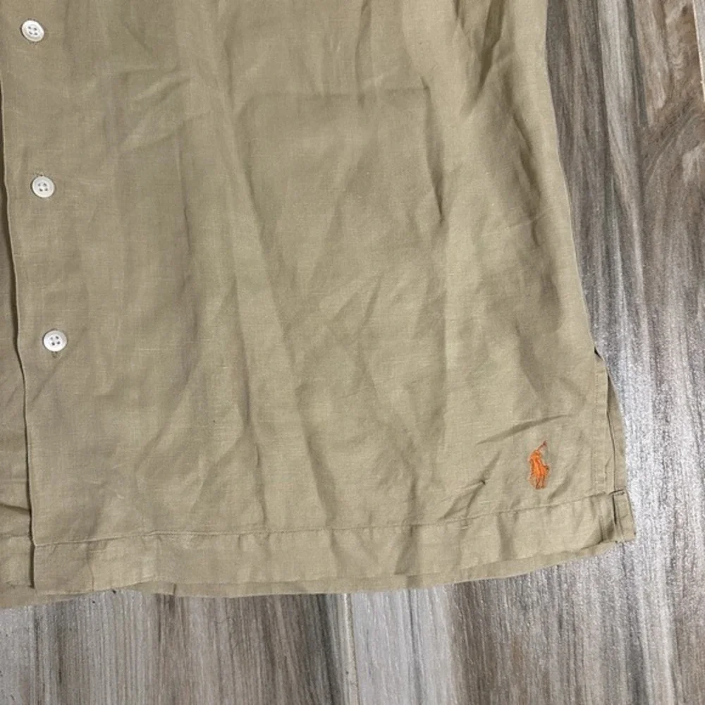 VTG Polo Ralph Lauren‎ Shirt Mens Large Silk Linen Caldwell Loop Camp Collar Tan